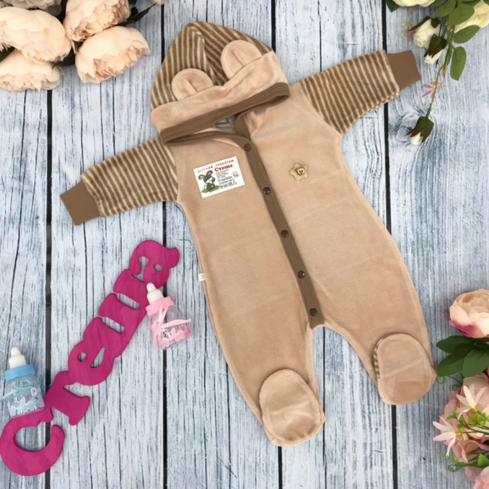 225. Комбинезон с шапкой,  80% хлопок велюр, 20%  ПЭ 56,62,68,74