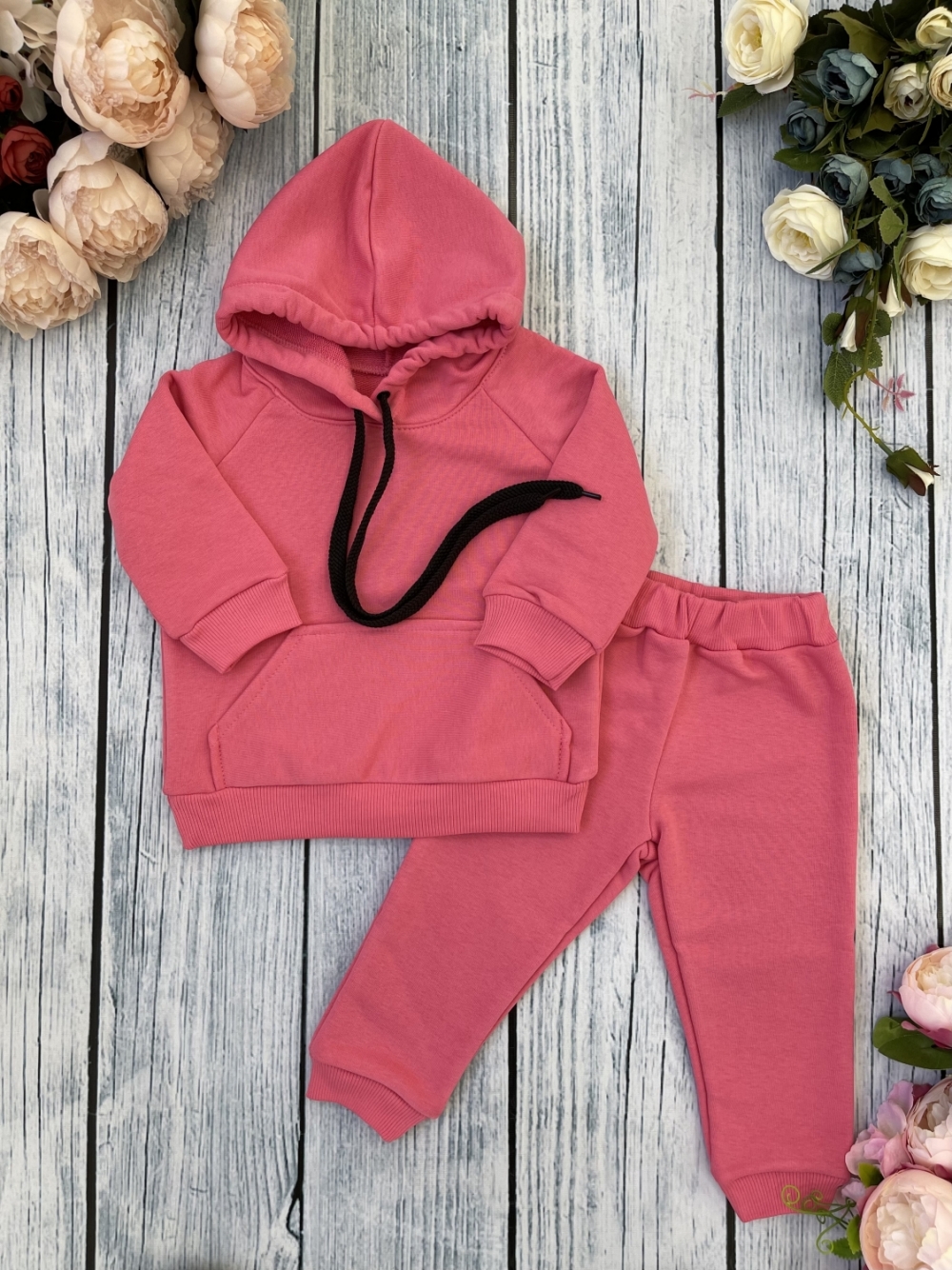 311-М. Свитшот с капюшоном + Штаны, хлопок 65%, 35% ПЭ, 3-х нитка ( без начеса) малина 98,104,110,116